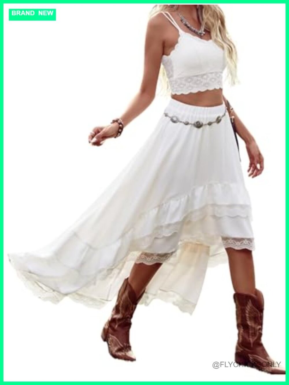 Women's Western Boho High Low Asymmetrical Ruffle Lace Maxi Skirt